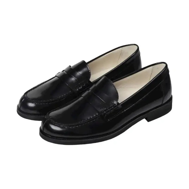 Black polished leather hard loafer for boy/girl by London Kids, ideal for dress and casual occasions.