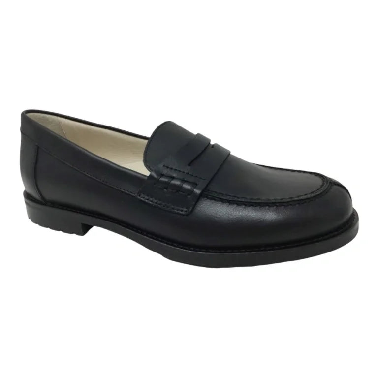 Black soft leather hard loafer for boy or girl by London Kids - classic and durable choice for any occasion.