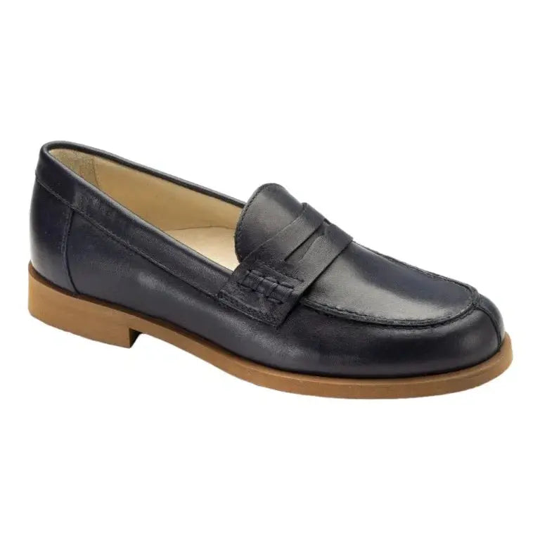 Navy soft leather hard loafer for boy or girl by London Kids - stylish and durable choice for any occasion.