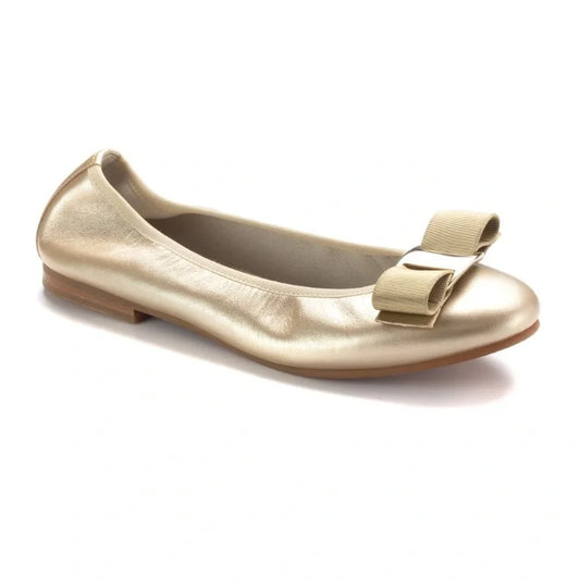 Gold soft leather flats for girls by London Kids - ballet flat with bow in gold color