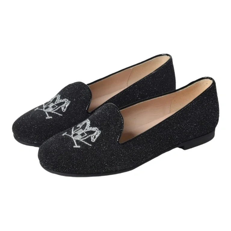 Black glitter smoking loafer for girl by London Kids - elegant footwear for dress occasions.