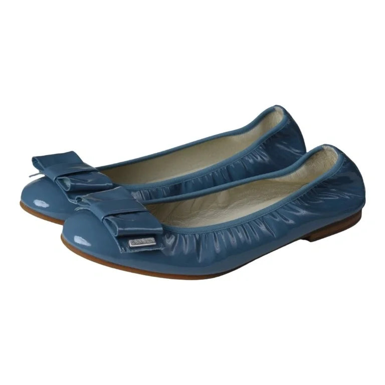 Light Blue Patent Leather Flats for Girl by London Kids - Light Blue Patent Leather Flats with Bow Ballet Design