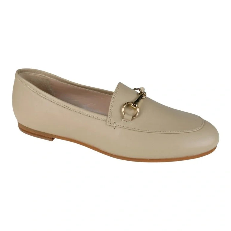 Beige soft leather flat loafer for girl or boy by London Kids, perfect for any occasion