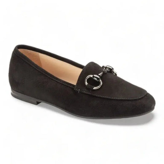 Black Suede Flat Loafer for Girl/Boy by London Kids - Black suede loafers with chain detail by London Kids, perfect for casual or dressy occasions.