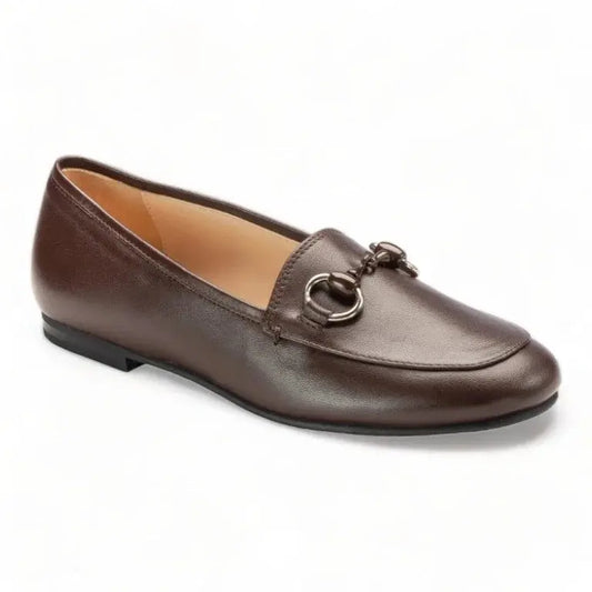 Brown soft leather flat loafer for girl or boy by London Kids, in BRVT color