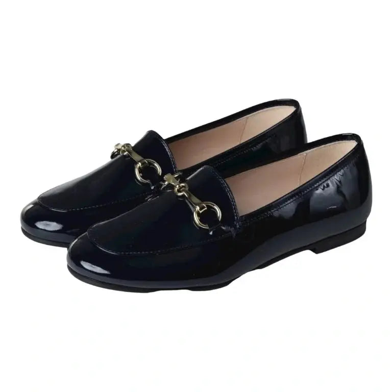 Navy Patent Leather Flat Loafer for Girl/Boy by London Kids - stylish and versatile footwear for kids.