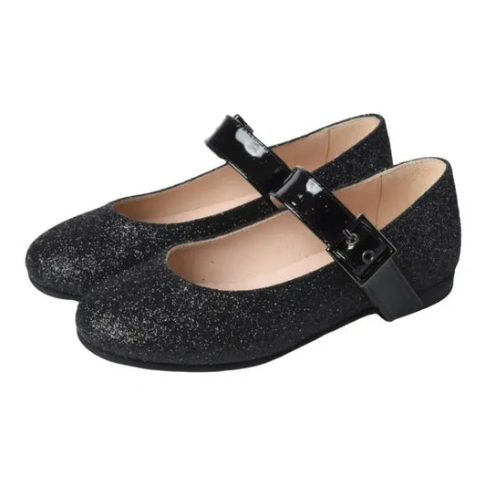 Black glitter strap shoe for girls by London Kids, perfect for dressy occasions.