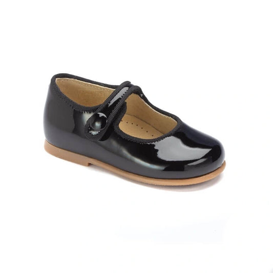 Black patent toddler dress shoe with button strap