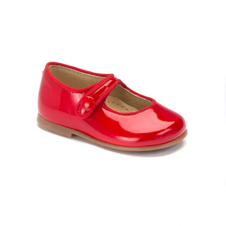 Toddler red patent button shoe with strap, made in Spain