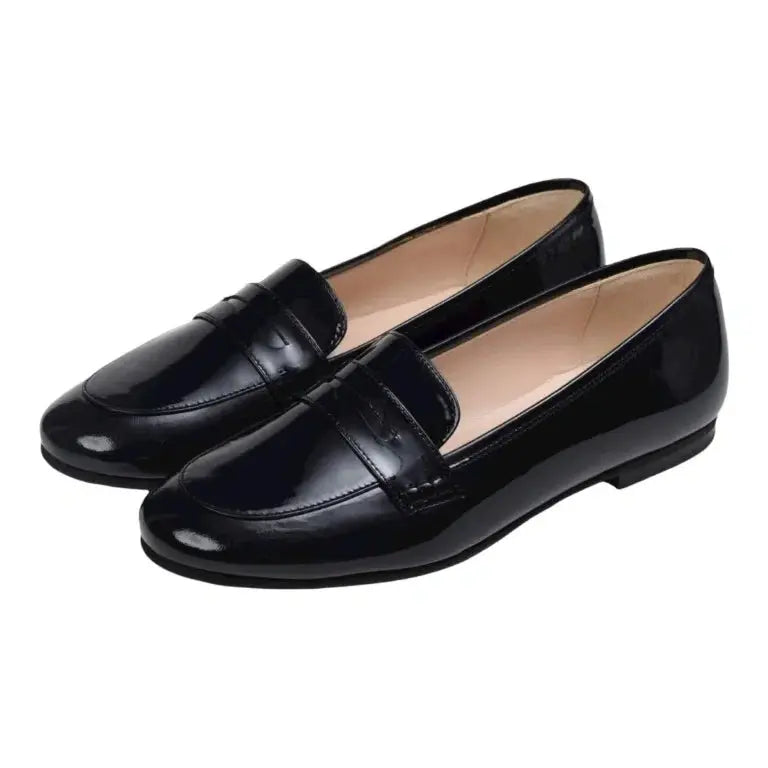 Black Patent Leather Flat Loafer for Girl by London Kids - flat penny loafer in black patent leather, ideal for casual wear.