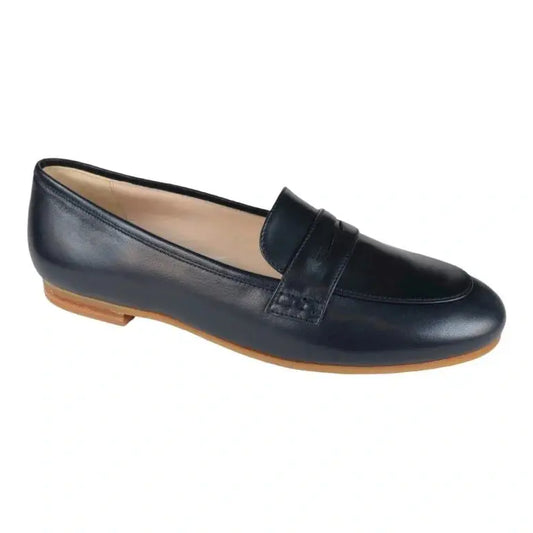 Navy soft leather flat loafer for girl by London Kids - stylish and comfortable footwear for girls.