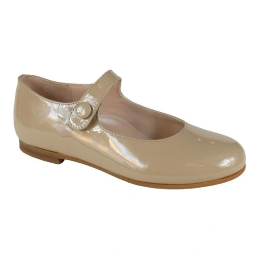 Taupe patent leather strap shoes for girls by London Kids - button-closure Mary Janes