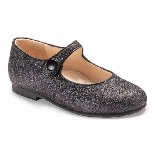 Black glitter strap Mary Jane shoes for girls by London Kids, black color, glitter material.