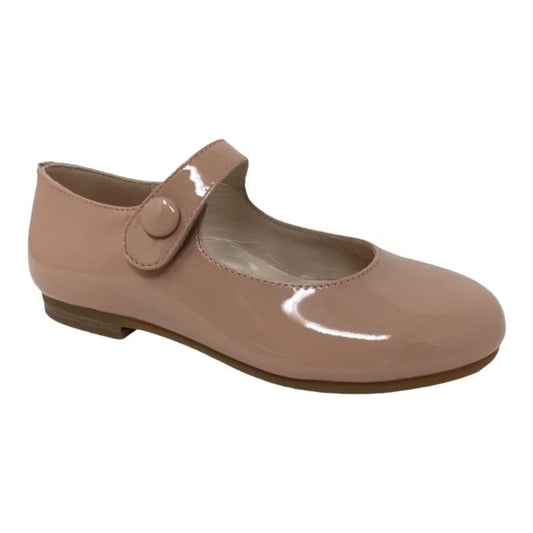 Salmon patent leather strap for girl by London Kids - button-closure Mary Jane in salmon color