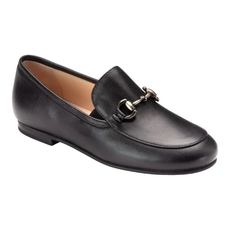 Black soft leather flat loafer for boy by London Kids - Black soft leather slip-on loafer for boys with chain detail, perfect for dress occasions.