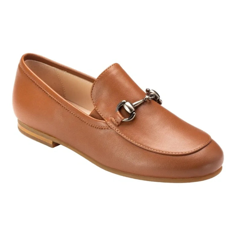 Tan soft leather flat loafer for boy by London Kids - stylish and comfortable choice for young boys.