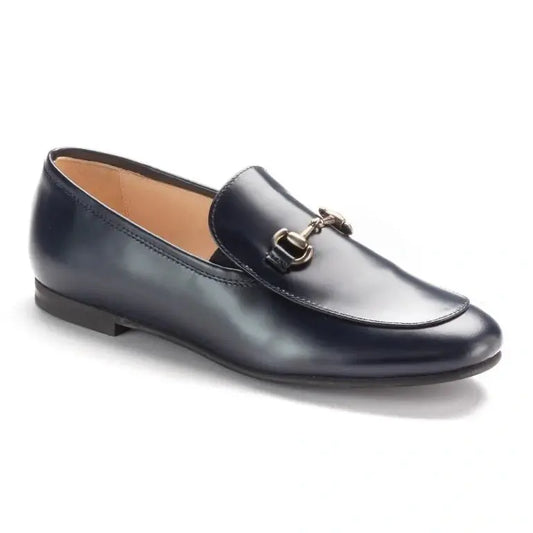 Navy polished leather flat loafer for boy by London Kids, ideal for dress occasions