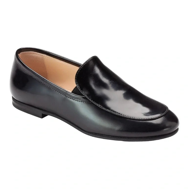 Black polished leather flat loafer for boy by London Kids, ideal for dress occasions.