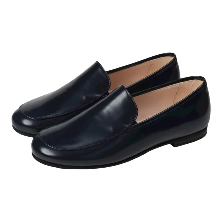 Navy polished leather flat loafer for boy by London Kids, ideal for dress occasions.