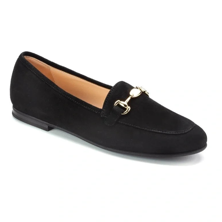 Black suede flat loafer for girl or boy by London Kids, ideal for dressy occasions