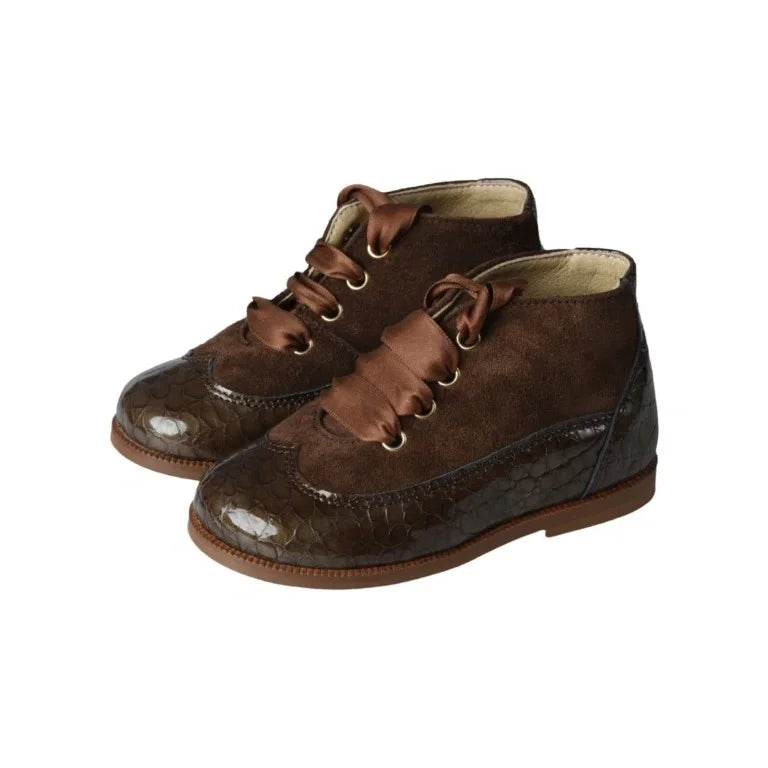 Brown patent leather lace toddler shoes by Clarys - London Kids, made in Spain.