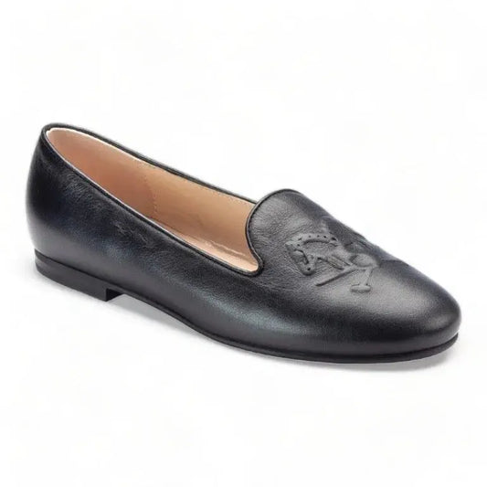 Black soft leather smoking loafer for girl by London Kids, perfect for dress occasions.