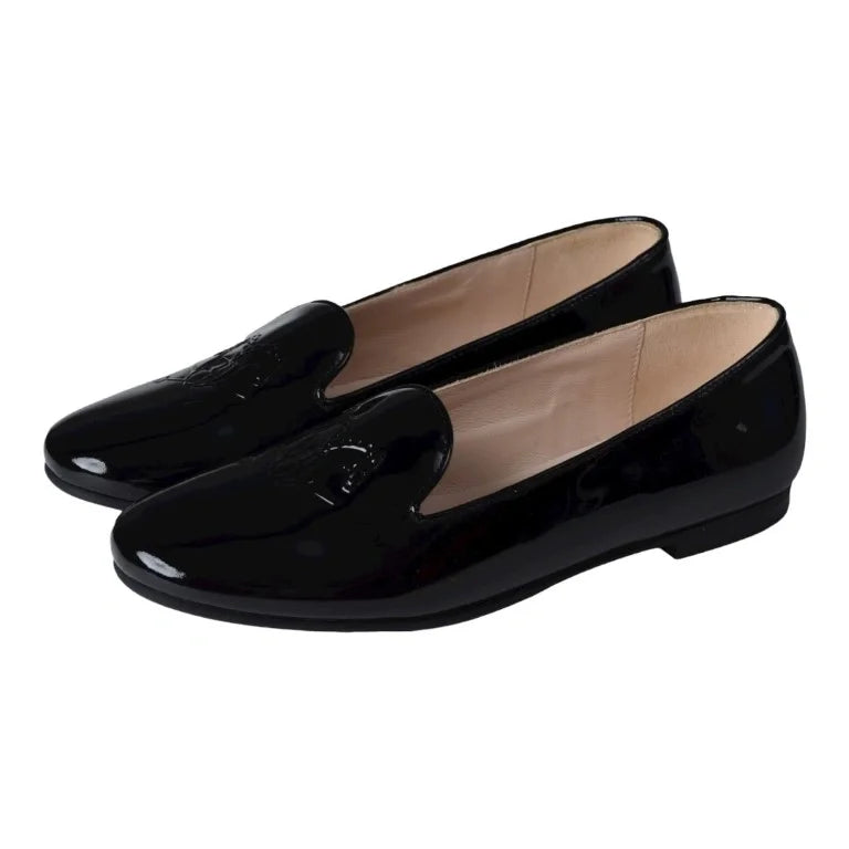 Black patent leather smoking loafer for girl by London Kids - elegant and stylish option for dressy occasions.