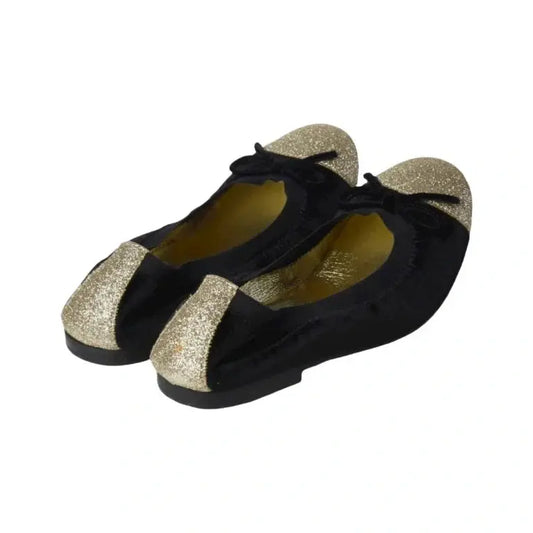 Black velvet flats for girl by London Kids - bow ballet flat, black color.