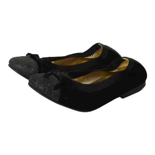 Black velvet flats for girl by London Kids - bow ballet flat in black color