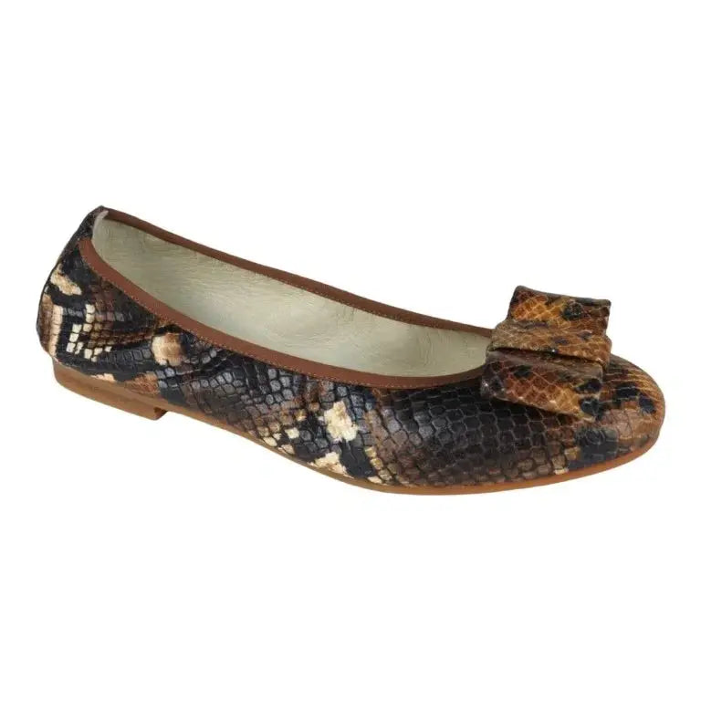 Brown snake leather flats for girls, teens, and women by London Kids - elegant and stylish ballet flats with square bow