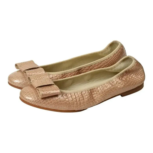 Beige patent leather flats for girls, teens, and women by London Kids - ballet flat with square bow.