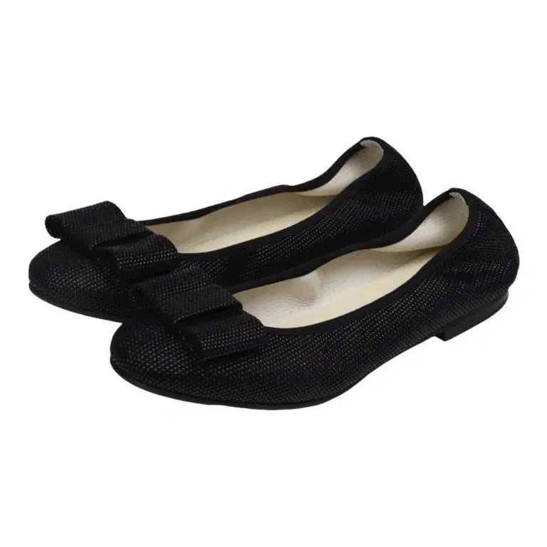 Black soft leather flats for girls, teens, and women by London Kids, ballet flat with square bow.