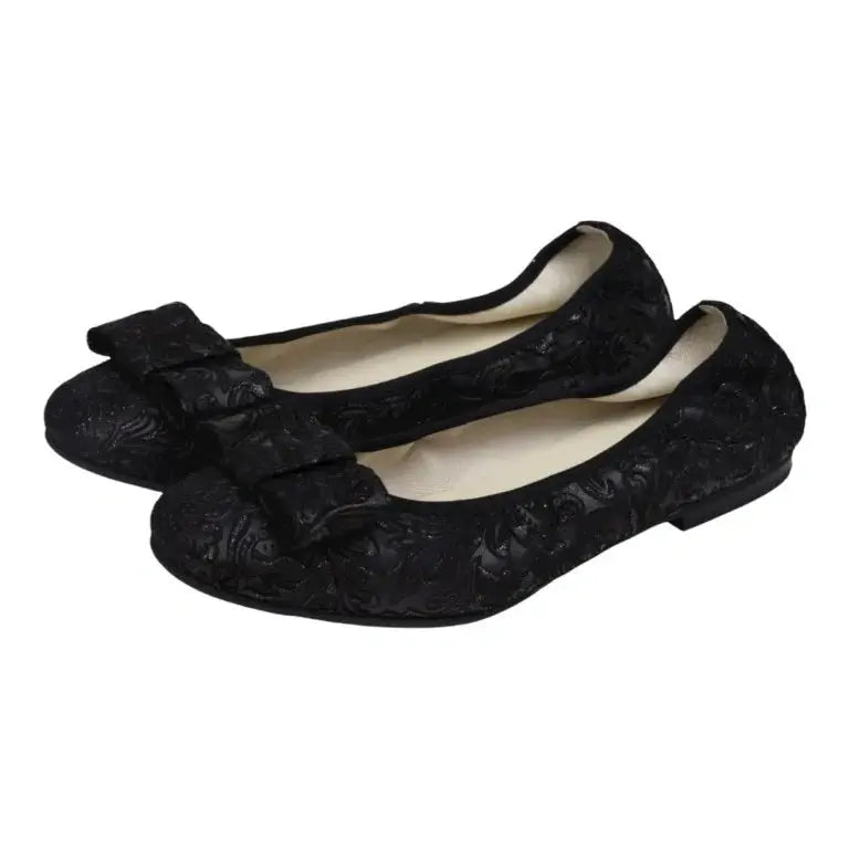 Black Glitzy Flats for girls, teens, and women by London Kids - elegant ballet flats with square bow detail.