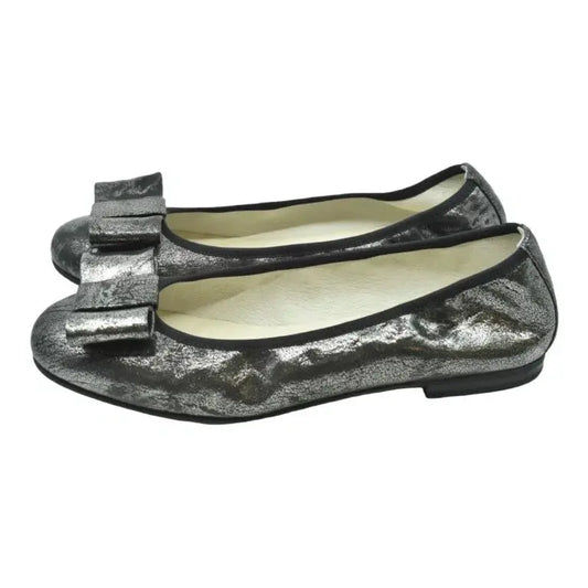 Black glitzy flats for girls, teens, and women by London Kids - ballet flat with square bow.