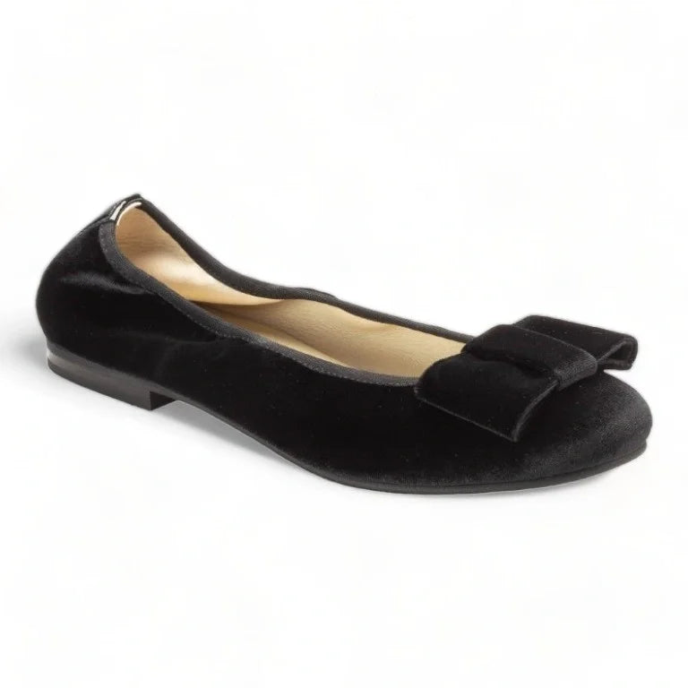 Black velvet flats for girl, teen, women by London Kids - ballet flat with square bow