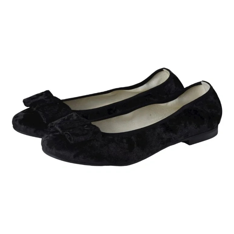 Black velvet ballet flats for girls, teens, and women by London Kids with square bow