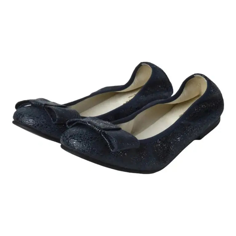 Navy glitzy flats for girls, teens, and women by London Kids - ballet flat with square bow.