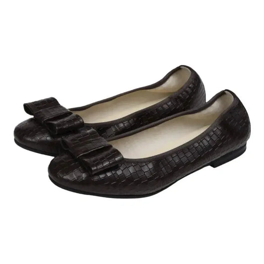 Brown Croc Leather Flats for girls, teens, and women by London Kids - ballet flat with square bow.