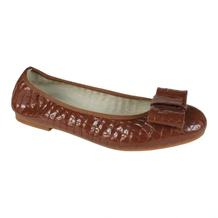 Tan Patent Leather Flats for girls, teens, and women by London Kids - Ballet flats with square bow detail