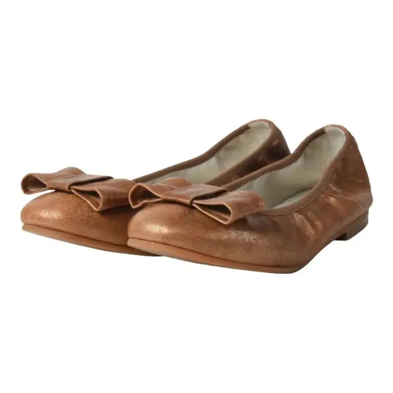 Tan soft leather flats for girl, teen, and women by London Kids, ballet flat with square bow