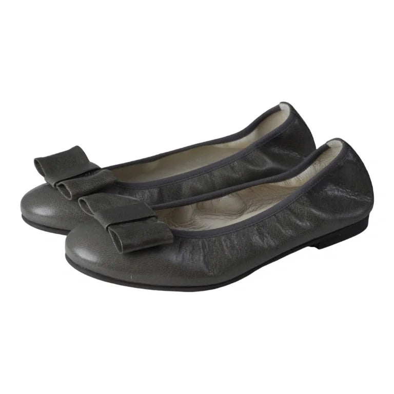 Gray soft leather flats for girls, teens, and women by London Kids - ballet flats with square bow detail