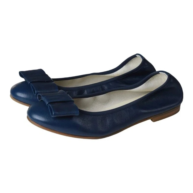 Navy soft leather flats for girls, teens, and women by London Kids - ballet flats with square bow detail.