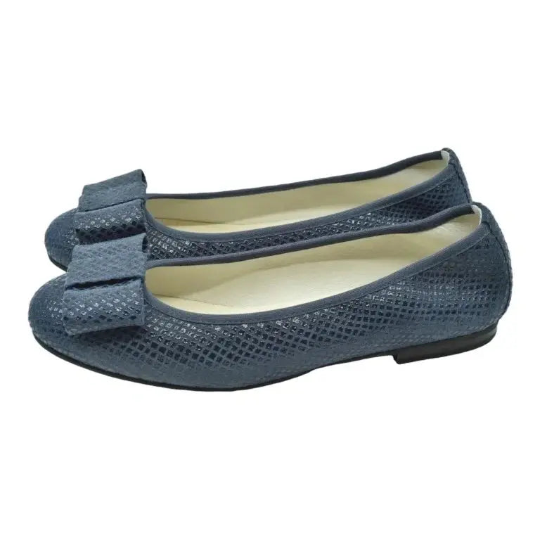 Navy soft leather flats for girls, teens, and women by London Kids - ballet flat with square bow.