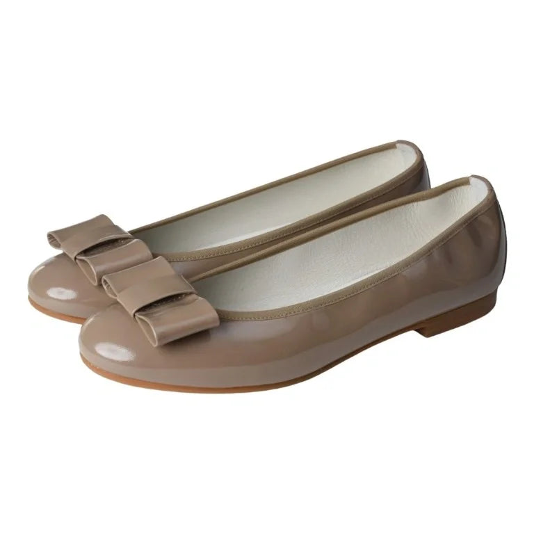 Taupe Patent Leather Flats for girls, teens, and women by London Kids - stylish and elegant ballet flats.