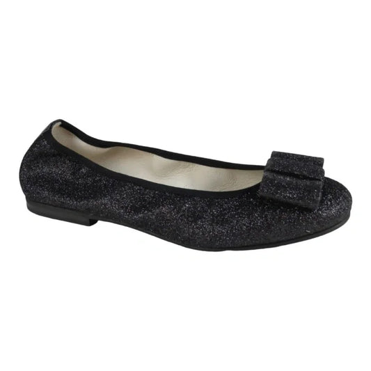 Black glitter flats for girls, teens, and women by London Kids - ballet flat with square bow.