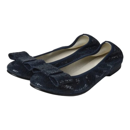 Navy soft leather flats for girls, teens, and women by London Kids - ballet flat with square bow.