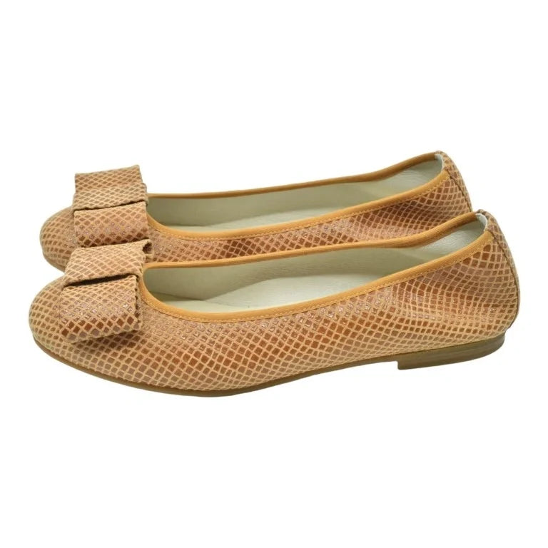 Tan Soft Leather Flats for girls, teens, and women by London Kids - ballet flats with square bow detail.