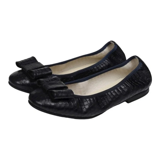 Navy Croc Leather Flats for girls, teens, and women by London Kids - Ballet Flat with Square Bow.