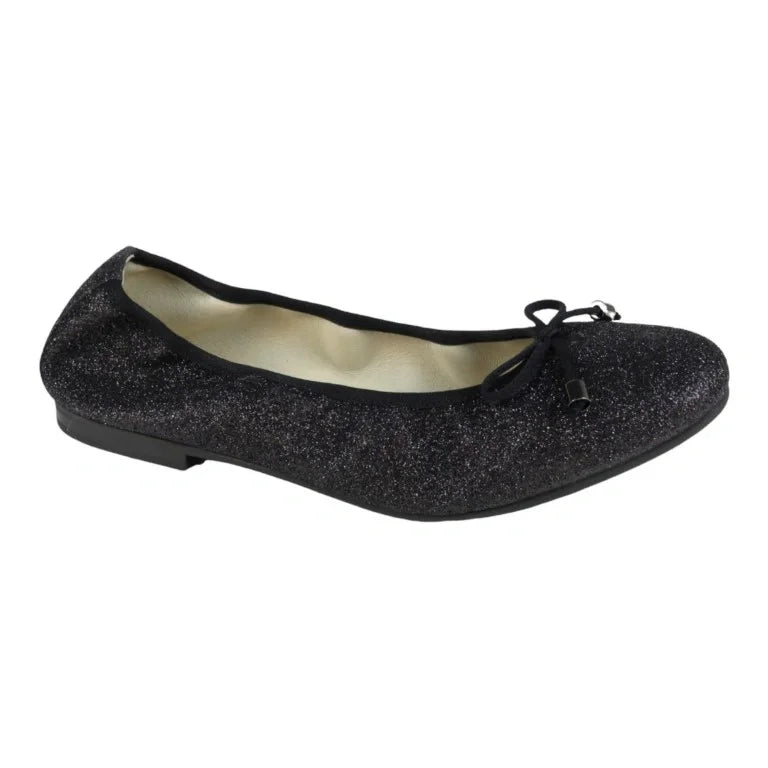 Black glitter flats for girl by London Kids - bow ballet flat - black glitter material - ideal for dressy occasions.