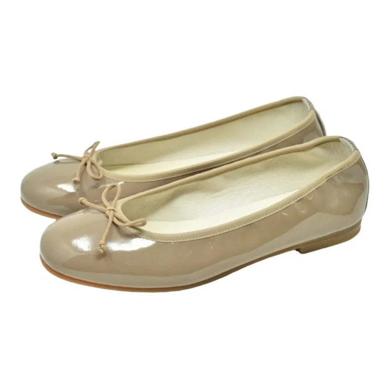 Taupe patent leather flats for girls by London Kids - bow ballet flat